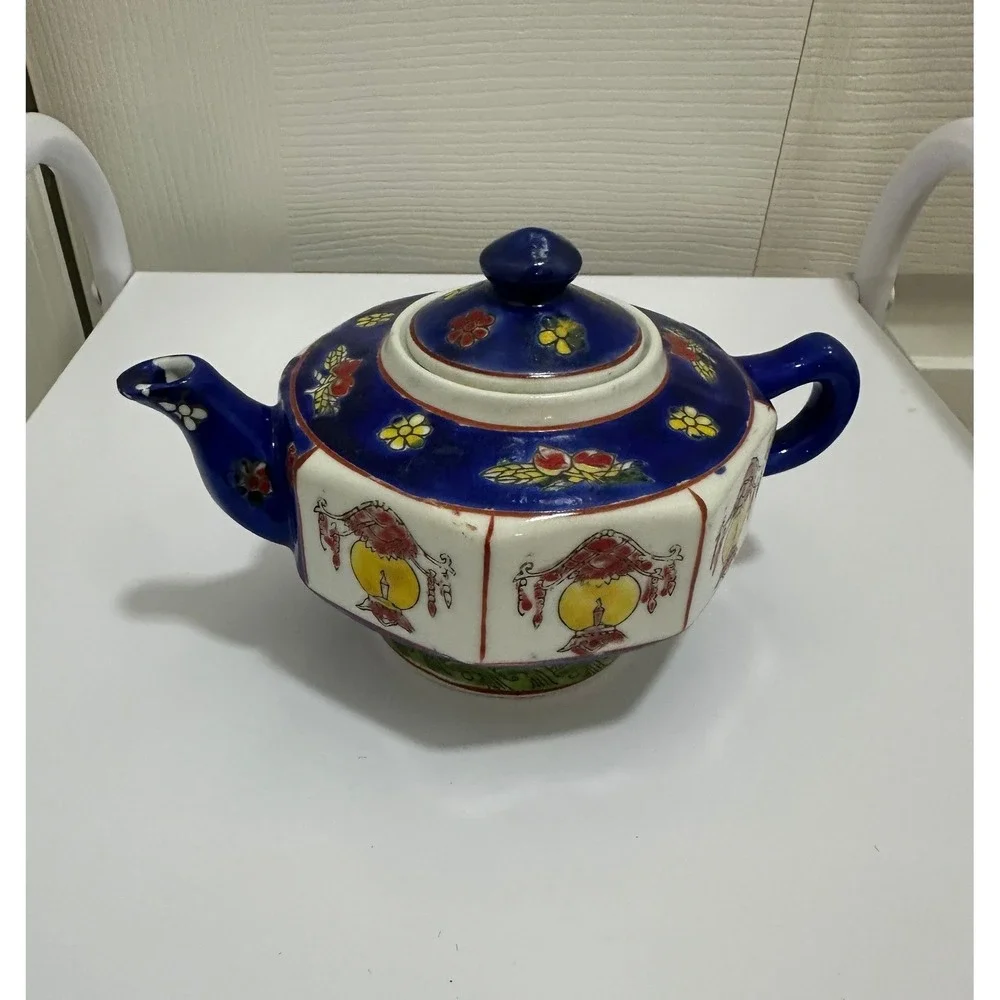 Vintage Chinese Hand Painted Porcelain Hexagonal Teapot Blue White Lanterns Good